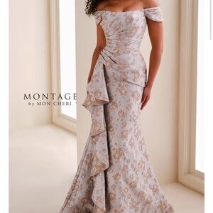 Montage by Mon Cheri Off-Shoulder Dress - Cream and Gold